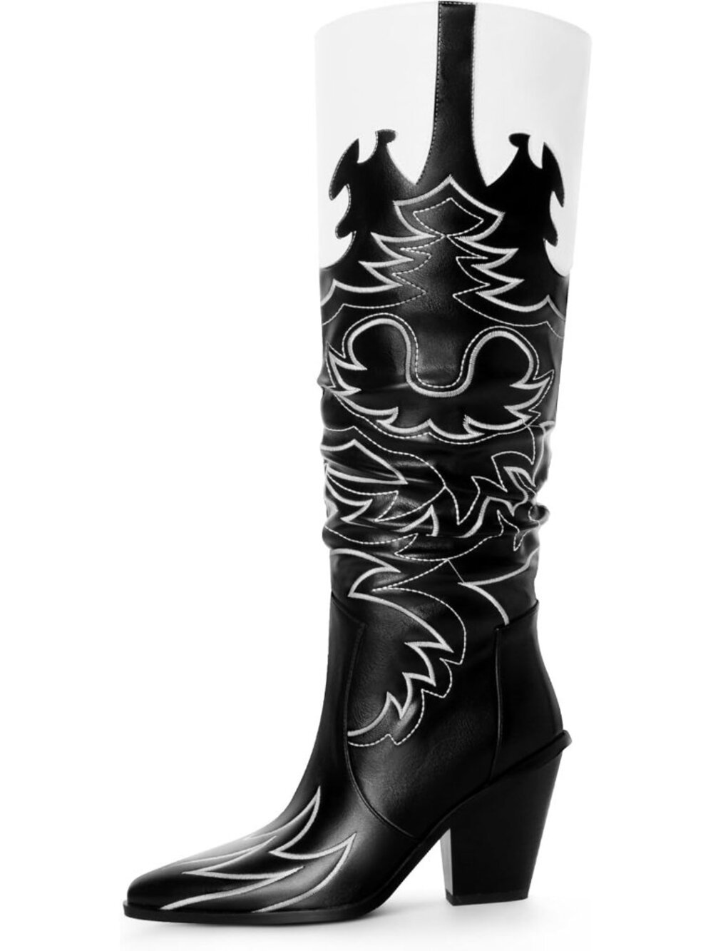 Women's Black Cowgirl Boots Knee High Embroidery Western Pointed Toe Chunky Heel